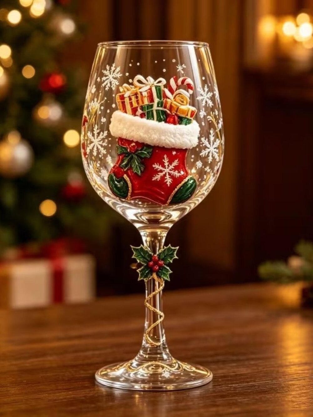 Christmas Glass Art Goblet – Holiday Snowflake & Stocking Design